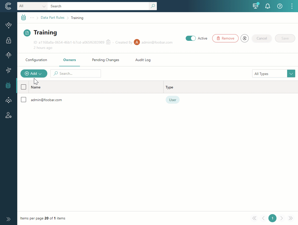 Animation: on the Owners tab of a rule, selecting Add, choosing users or roles, selecting their checkboxes, and selecting Add