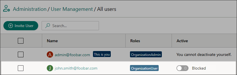 The All users page with the status toggle for john.smith@foobar.com turned off and the status shown as Blocked