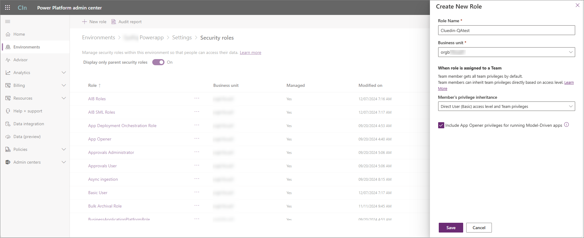 Security roles page with the Create New Role pane showing Role Name, Business unit, and Member's privilege inheritance