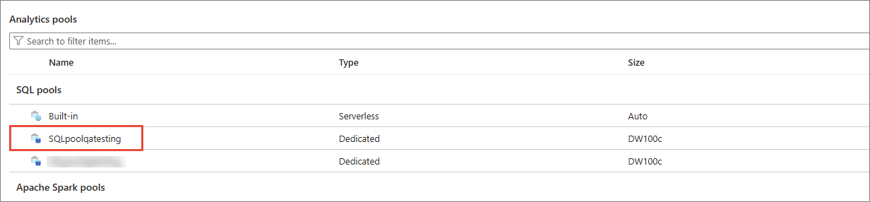 Analytics pools list in the Azure Synapse workspace with a dedicated SQL pool name highlighted