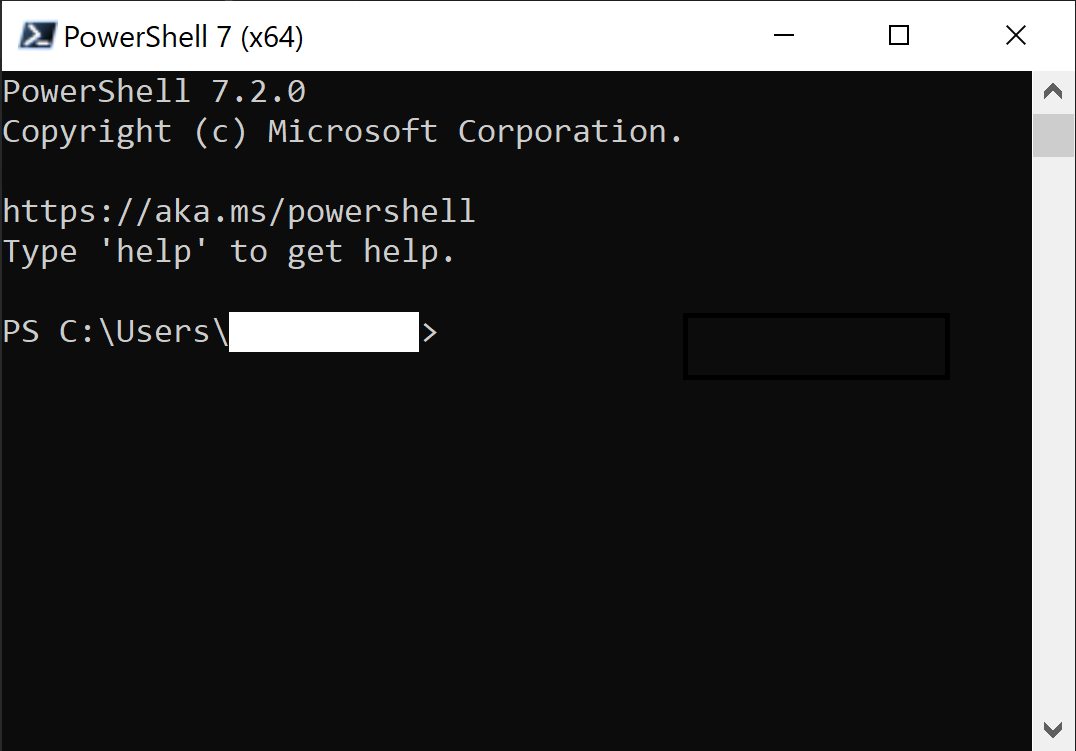A new PowerShell 7 window open at the user folder prompt