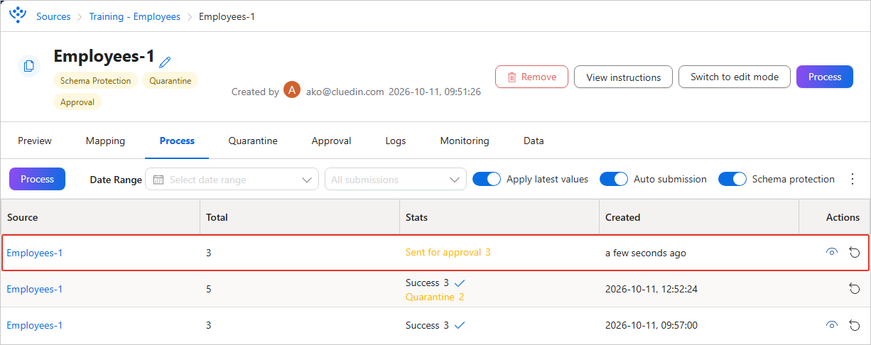 The Process tab of a data set, with a new submission entry showing 3 records sent for approval and Auto submission enabled