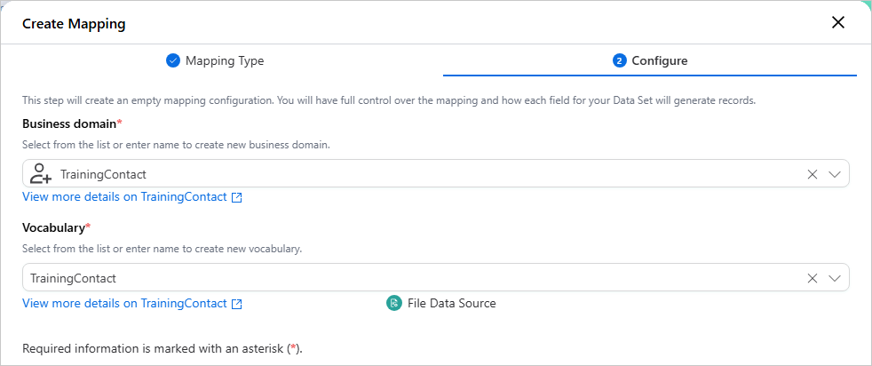 The Configure tab of the Create Mapping pane with the required Business domain and Vocabulary fields set to TrainingContact