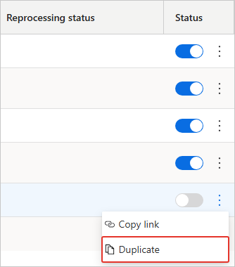 The three-dot menu for a rule in the rules list, with the Duplicate option highlighted