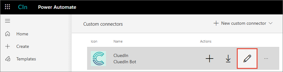 The CluedIn connector row on the Custom connectors page, with the Edit pencil action highlighted