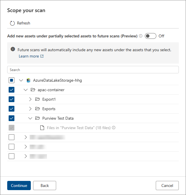 The Scope your scan pane with folders in the apac-container of the storage account selected