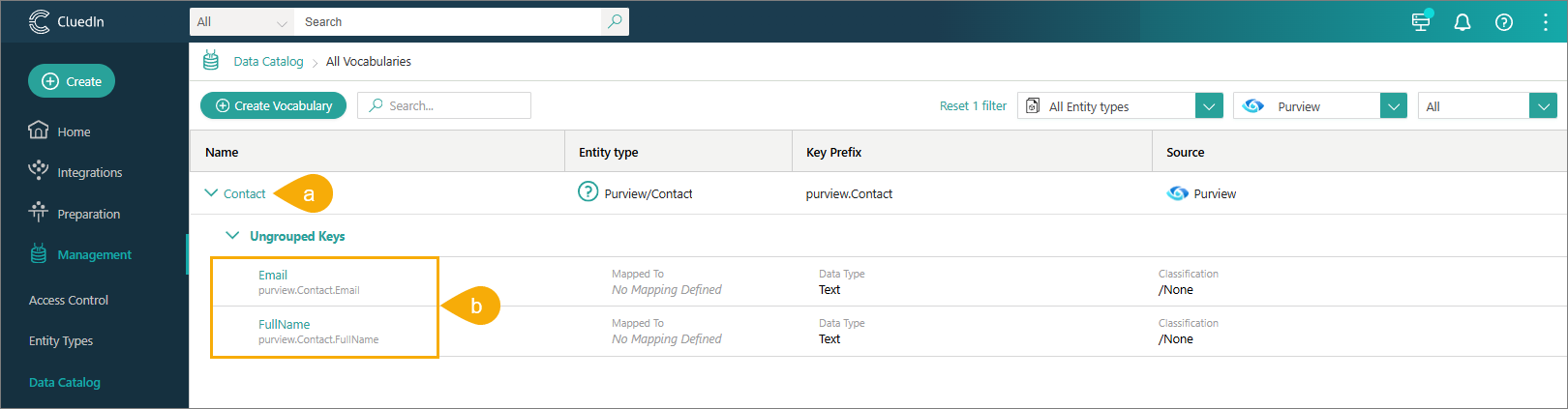 All Vocabularies page filtered to Purview, showing the Contact vocabulary (a) with keys Email and FullName (b) and Purview/Contact as the business domain