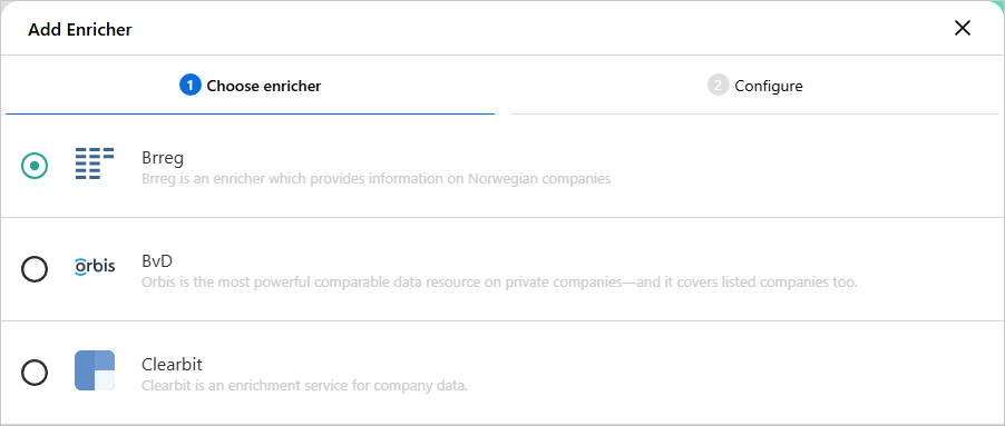 The Add Enricher dialog on the Choose enricher tab, with Brreg selected