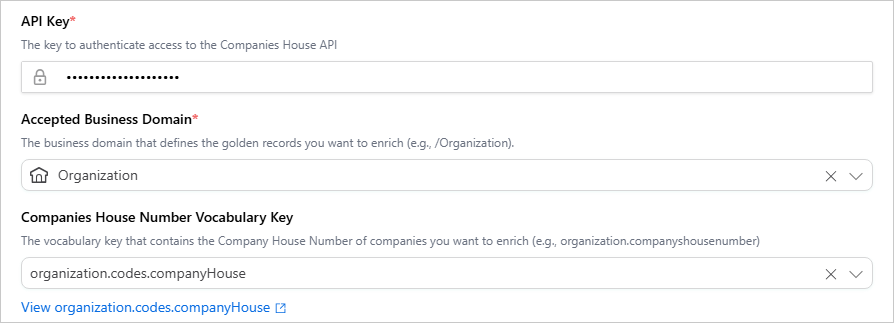 Configure tab with API Key, Accepted Business Domain set to Organization, and Companies House Number Vocabulary Key set to organization.codes.companyHouse